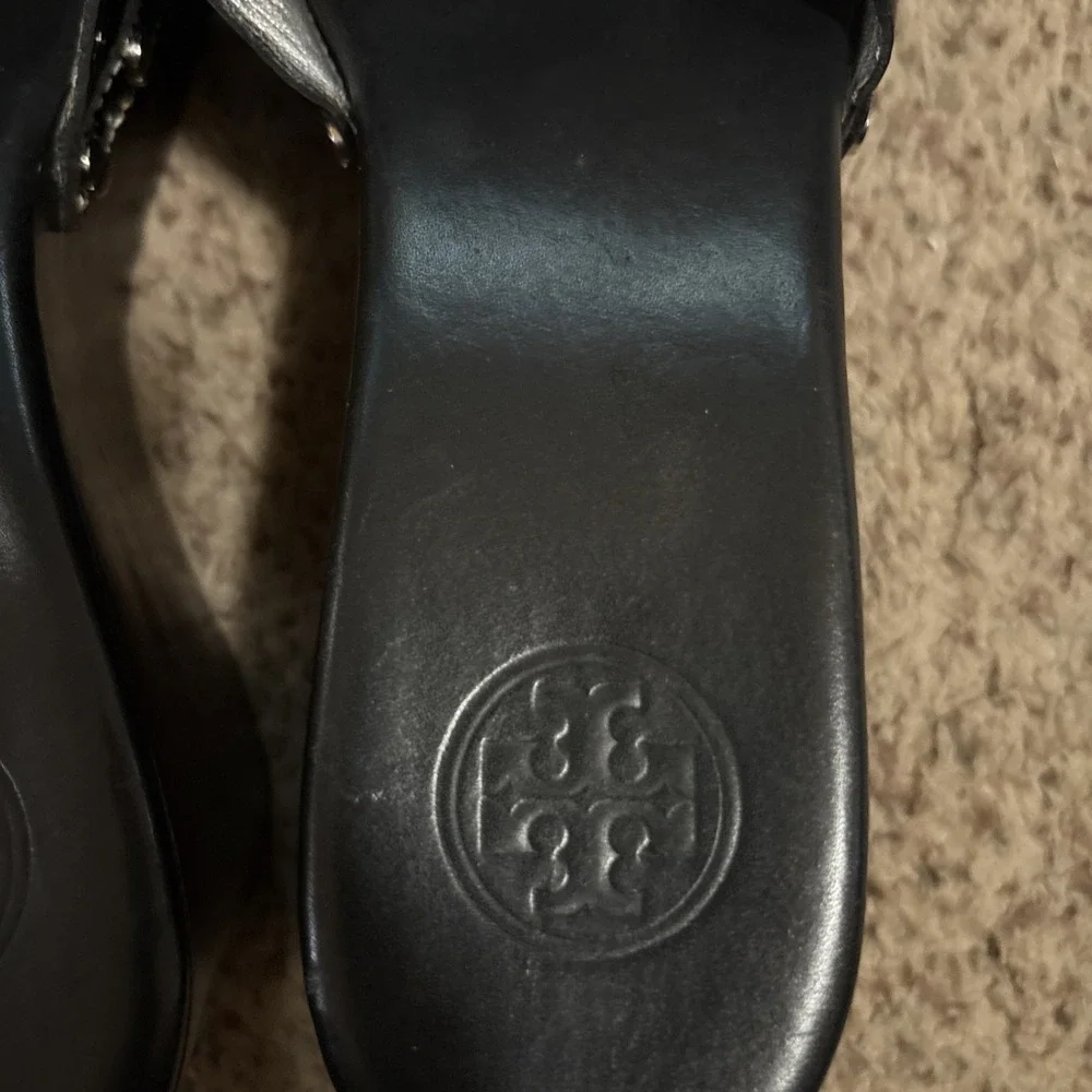 Tory Burch Patti Black Patent Slides Platform Wedge Mules Heels Sandals Size 9 M